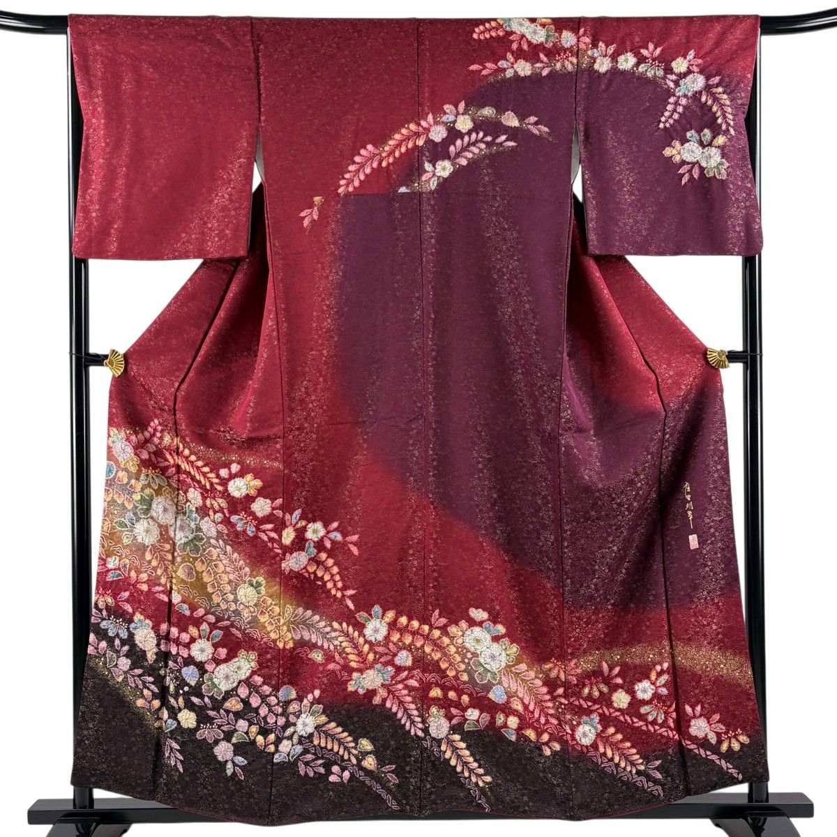 【美品】 訪問着 身丈159.5cm 裄丈65cm M 袷 落款 辻が花 金通し 金彩 えんじ色 正絹 名品 【中古】
