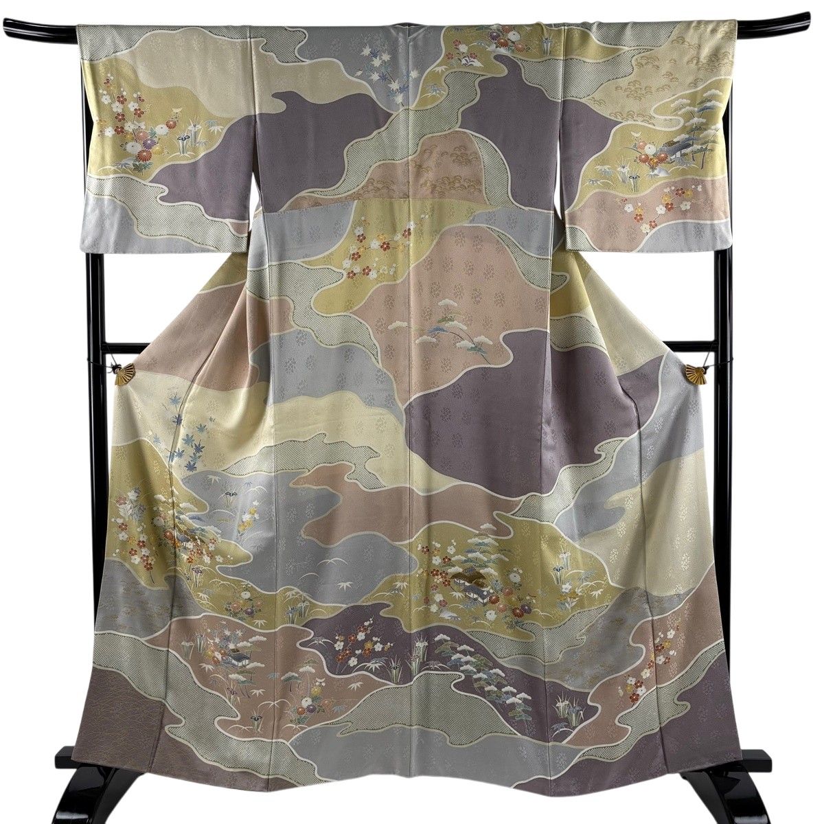 訪問着 身丈161.5cm 裄丈68cm L 袷 家屋 松竹梅 金糸 金彩 灰紫 正絹 名品 【中古】