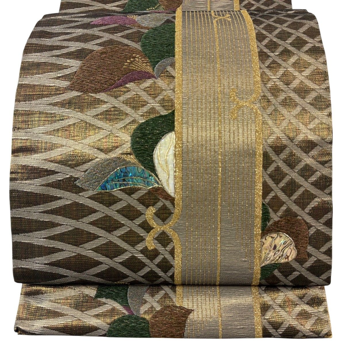 袋帯 名品 草花 幾何学 螺鈿 金彩 茶緑色 お太鼓柄 正絹 【中古】