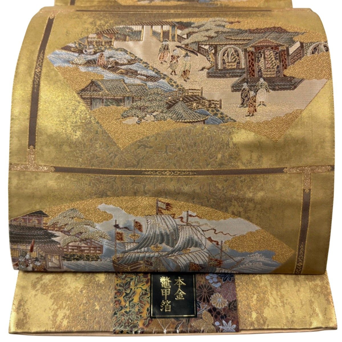 【美品】 袋帯 名品 証紙 建物 船 箔 唐織 金色 六通 正絹 【中古】