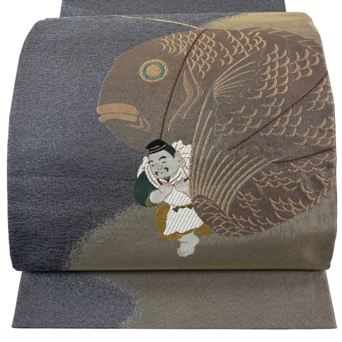 【美品】 袋帯 名品 恵比寿天 箔 金糸 黒灰 お太鼓柄 正絹 【中古】