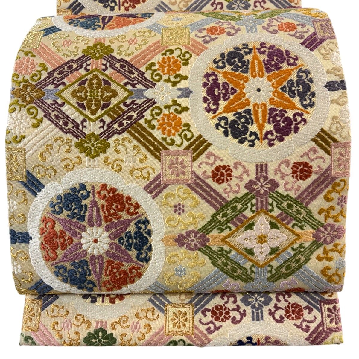 袋帯 名品 蜀甲華文 唐織 箔 ベージュ 六通 正絹 【中古】