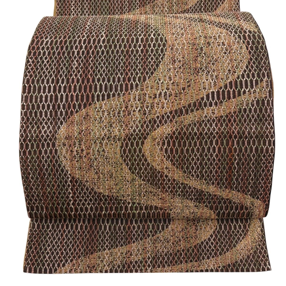 袋帯 名品 流水 幾何学模様 金糸 茶色 全通 正絹 【中古】
