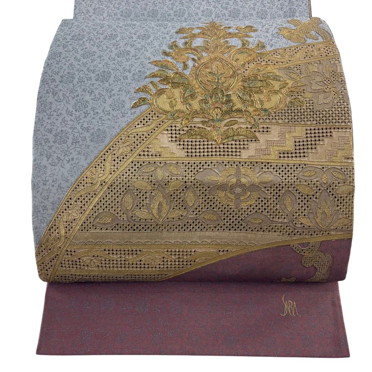 袋帯 名品 花唐草 草花 螺鈿 金彩 灰色 お太鼓柄 正絹 【中古】