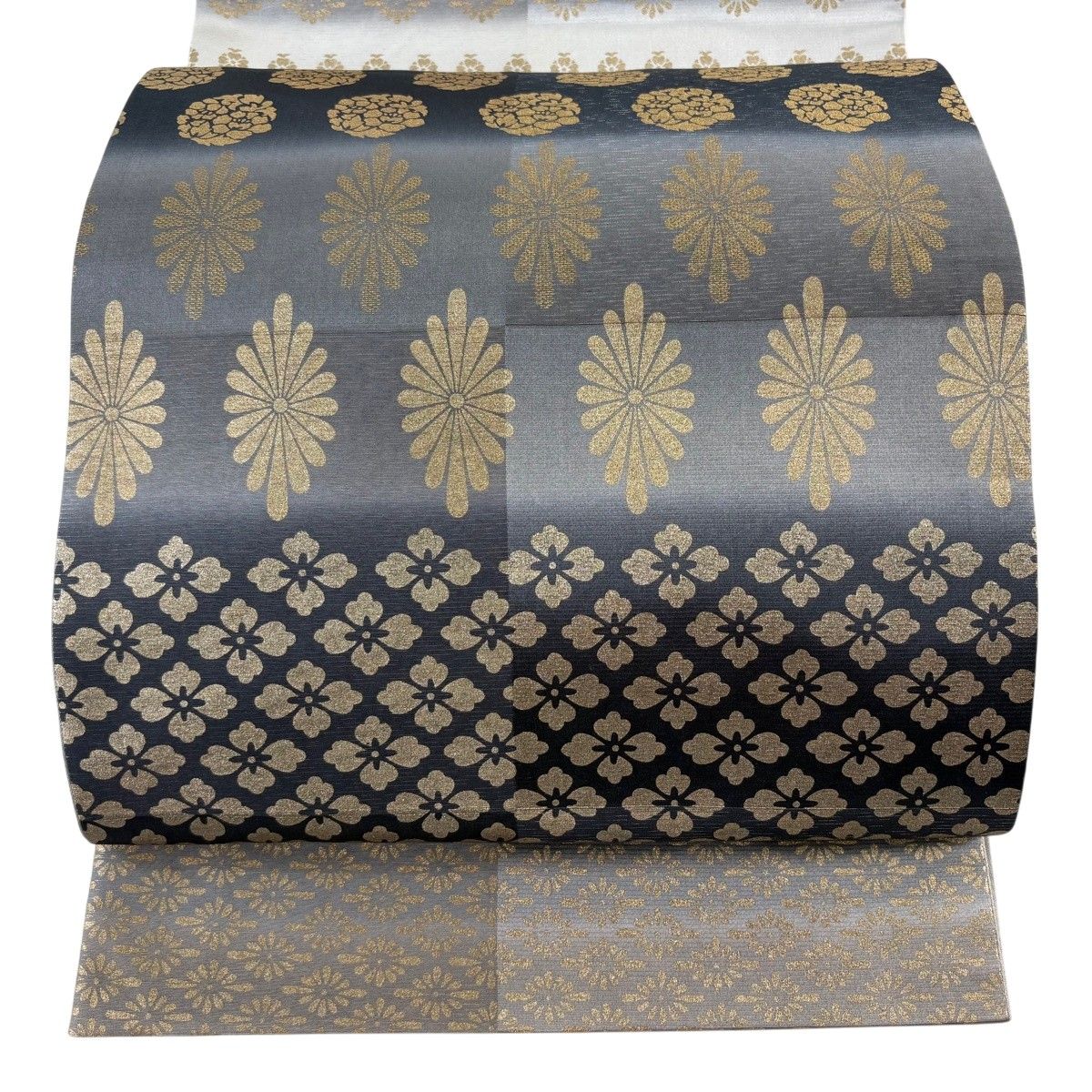 【美品】 袋帯 名品 落款 一期一会 菊 花菱 金銀彩 ぼかし 灰色 六通 正絹 【中古】