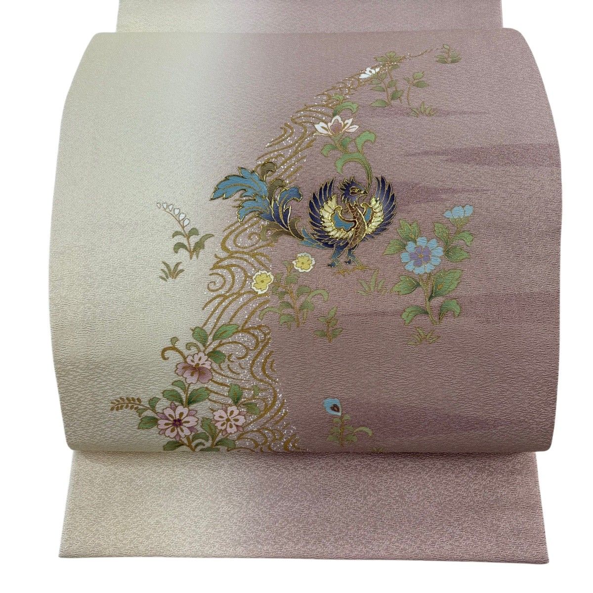 【未使用品】袋帯　ピンク真珠　螺鈿金彩　鳳凰　唐花　深緑　お太鼓柄 美品】 袋帯 名品 鳳凰 草花 螺鈿 金彩 ピンク お太鼓柄 正絹 【中古