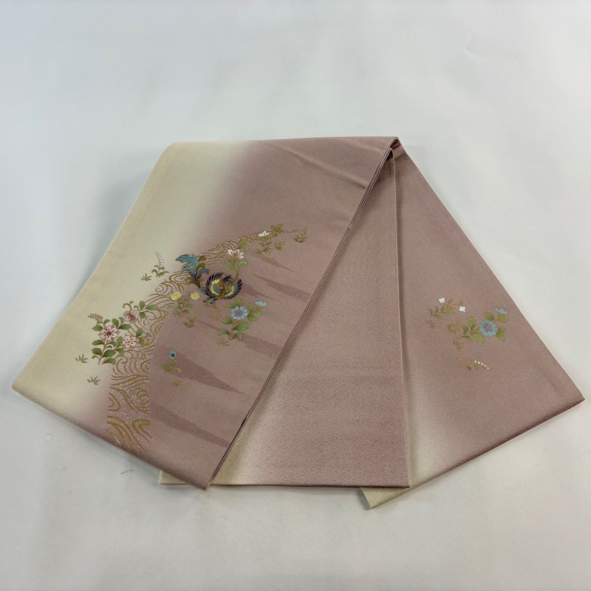 美品】 袋帯 名品 鳳凰 草花 螺鈿 金彩 ピンク お太鼓柄 正絹 【中古】