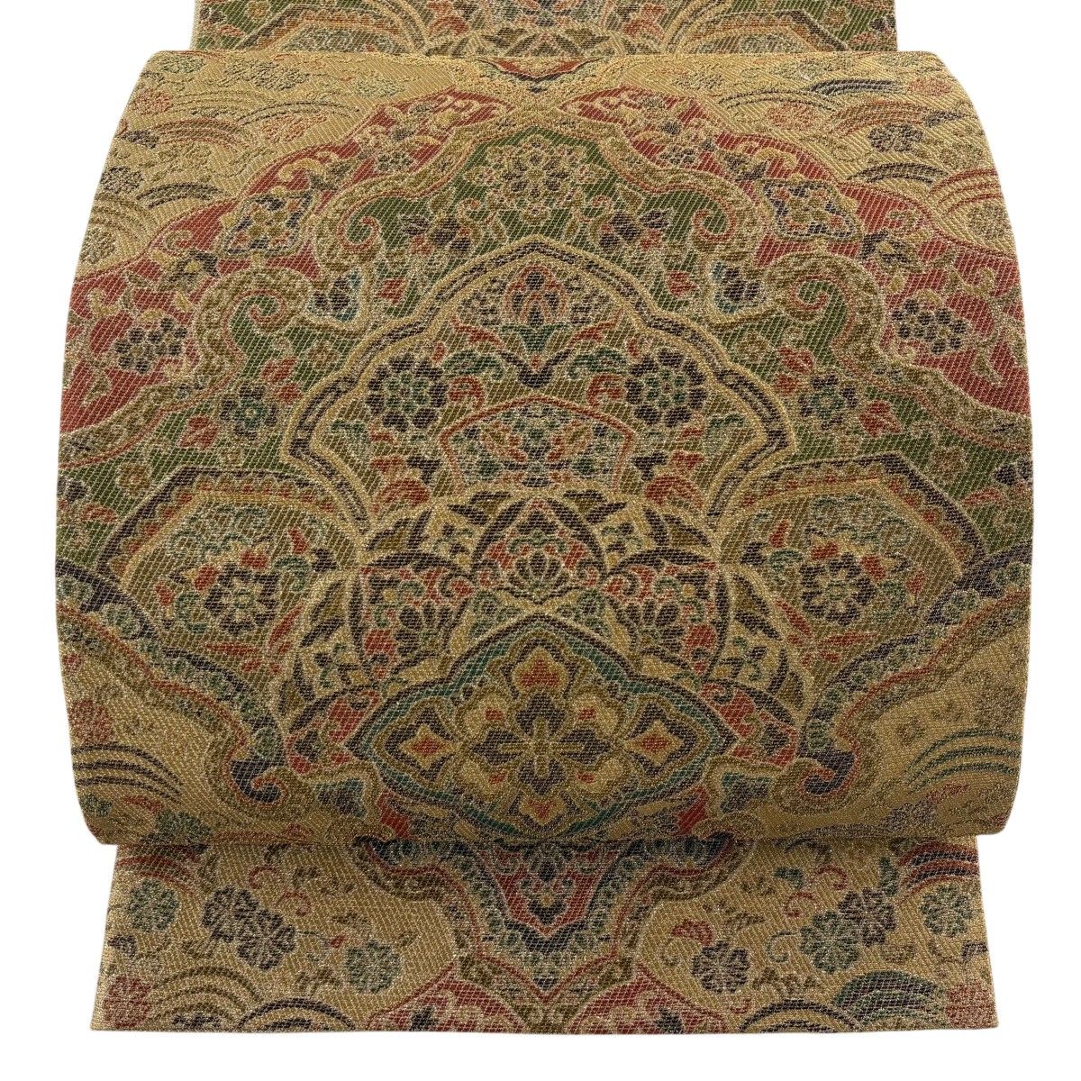 【美品】 袋帯 名品 華文 花唐草 金糸 ベージュ 六通 正絹 【中古】