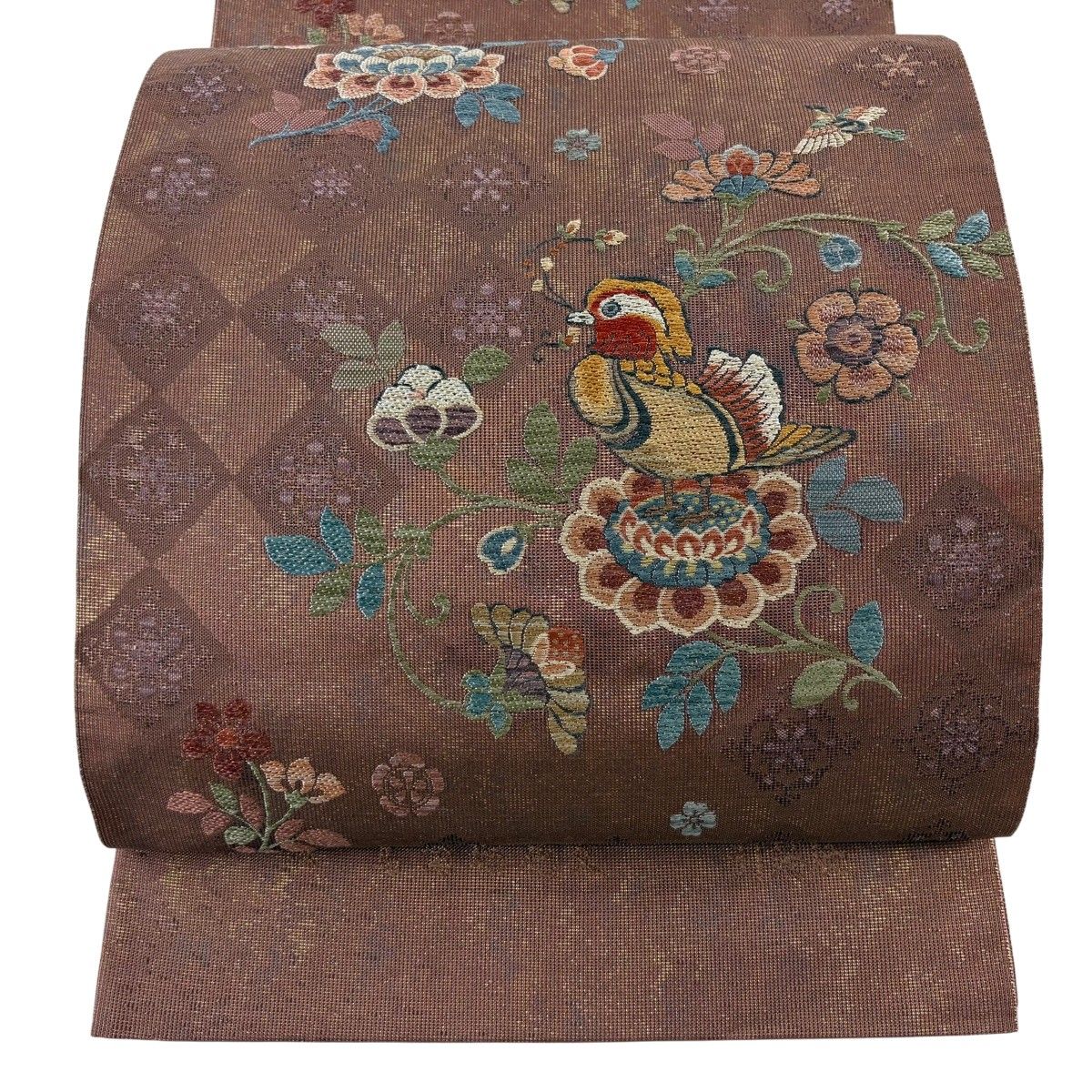【美品】 袋帯 名品 証紙 草花 鳥 金銀糸 刺繍 小豆色 六通 正絹 【中古】