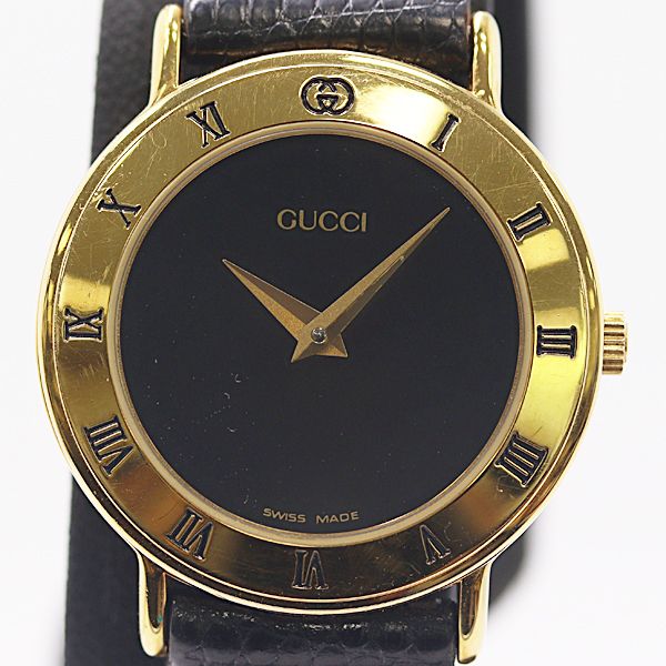 美品 保/箱付 稼働 グッチ 3000.2.L QZ ブラック文字盤 レディース腕時計 0396000 6PRT MTM ABC26539