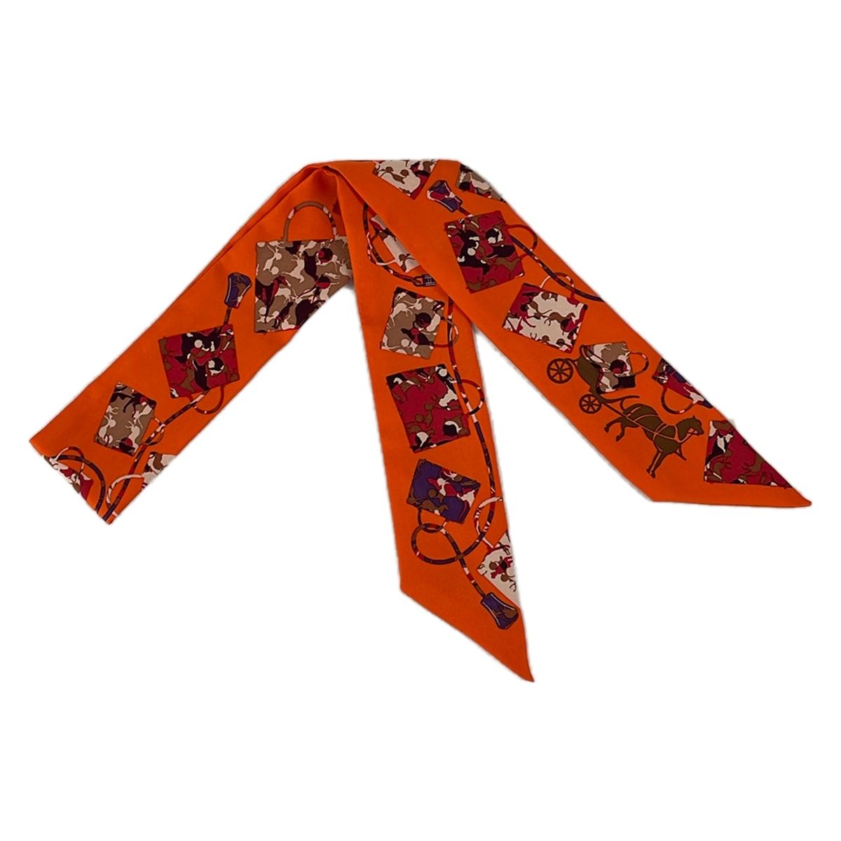 HERMES(エルメス) スカーフ美品 ツイリー オレンジ×ボルドー×マルチ リボンスカーフ