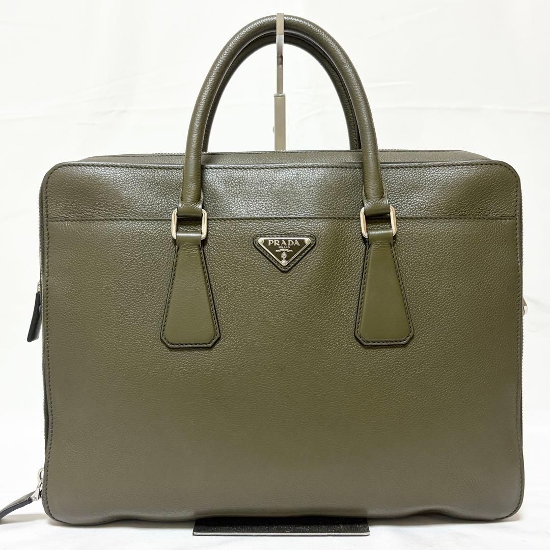 PRADA プラダ ブリーフケース ビジネスバッグ 三角ロゴ メンズ レザー グリーン系