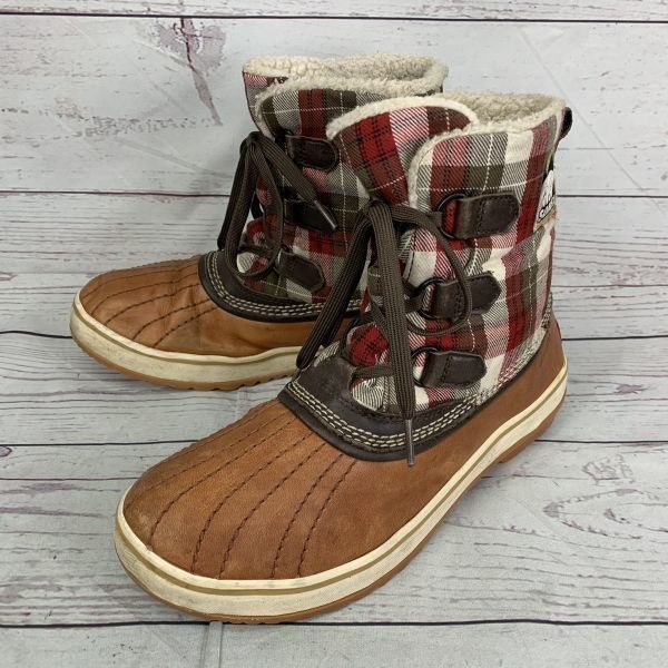 カナダ名門★SOREL/ソレル★防水/レザースノーブーツ【25.0/茶×赤系チェック】レディース/ウォータープルーフ/保温/特別カラー◆WB6-02 9,402円