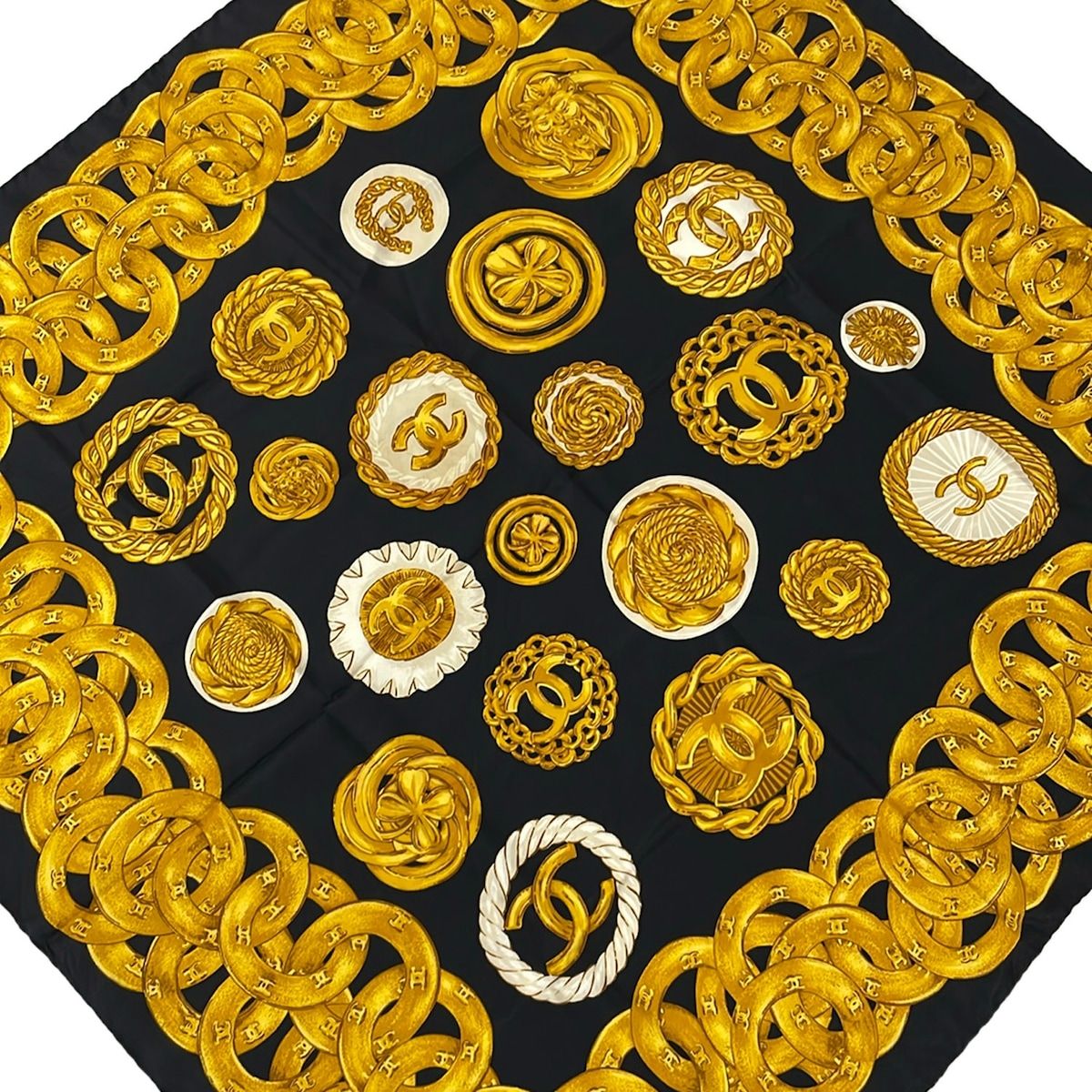 CHANEL(シャネル) スカーフ - 黒×ダークイエロー×マルチ ココマーク