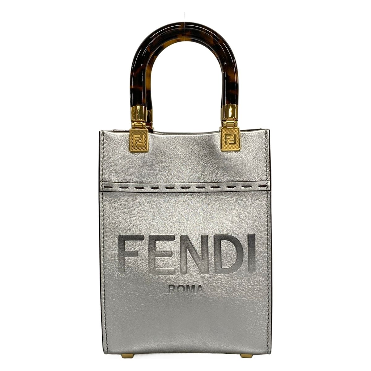 FENDI(フェンディ) トートバッグ美品 サンシャイン ショッパー 8BS051 シルバー べっ甲柄プレキシガラス製ハンドル/ミニバッグ レザー 82,555円