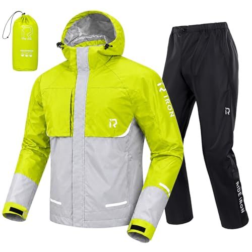 [RIDEIRON] レインコート 自転車 耐水圧15,000mm カッパ メンズ バイク レインウェア 上下セット ゴルフ 登山 透湿 防水 収納袋付き 梅雨 通勤 通学 雨合羽 雨具 グリーンmt 71b1e64b