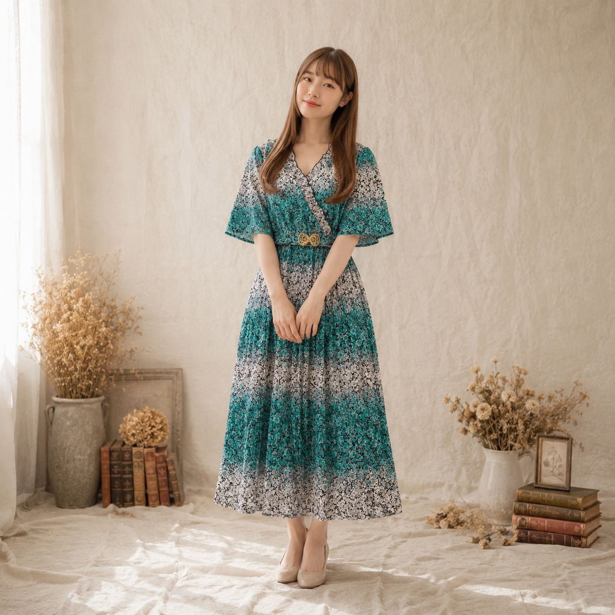 昭和レトロ グラデーション 半袖ロングワンピース カシュクール ベルト 