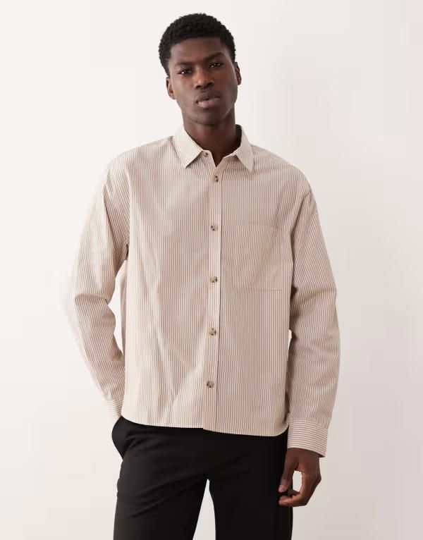 エイソス メンズ トップス シャツ ASOS DESIGN relaxed striped shirt with split hem BEIGE ベージュ