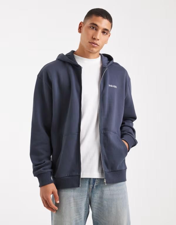 エイソス メンズ アウター パーカー・スウェット プリント パーカー ASOS DESIGN relaxed zip up hoodie with applique print Ombre Blue