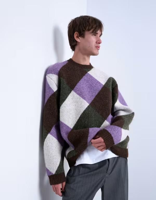 トップマン メンズ アウター ニット・セーター リラックスフィット セーター ニット Topman relaxed fit knit sweater with diamond design Multi