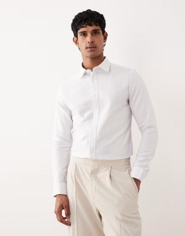 エイソス メンズ トップス シャツ ASOS DESIGN slim textured stripe shirt WHITE ホワイト