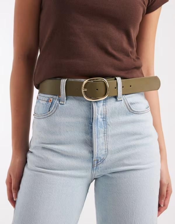 ピーシーズ レディース アクセサリー ベルト Pieces chunky goldtone buckle belt in olive Khaki Olive St1 オリーブ