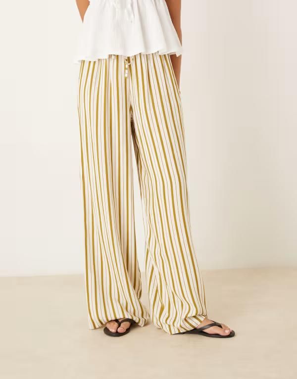 エイソス レディース ボトムス カジュアルパンツ パンツ リネン ASOS DESIGN linen blend pullon pants in olive pinstripe Olive Pinst