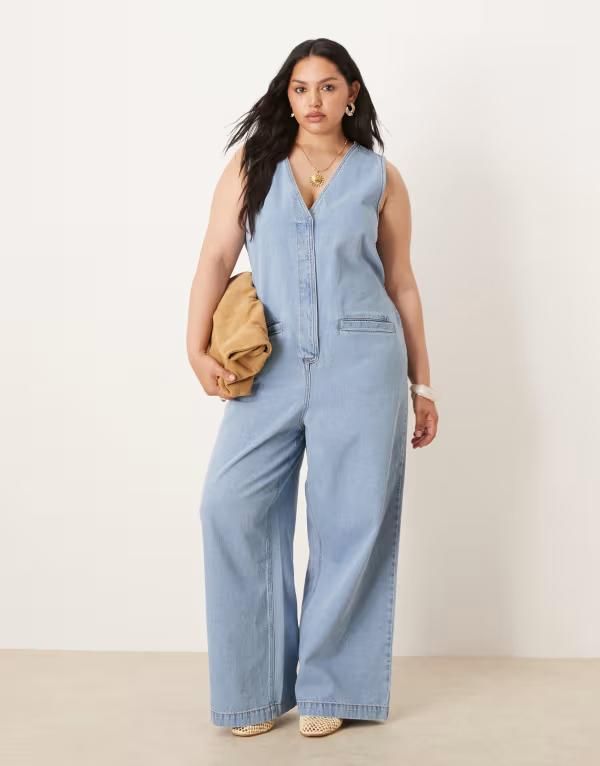 エイソス レディース トップス ジャンプスーツ ノースリーブ デニム ASOS Curve ASOS DESIGN Curve denim sleeveless jumpsuit with tie b
