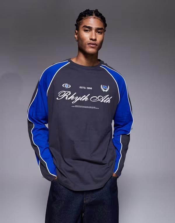 エイソス メンズ トップス Tシャツ グラフィック ASOS DESIGN oversized long sleeve Tshirt paneling detail and sports graphi