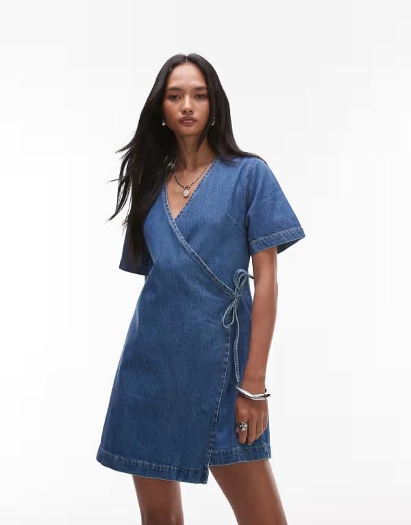 トップショップ レディース トップス ワンピース ミニワンピース ミニ デニム Topshop denim wrap mini dress in bleach Bleach デニム