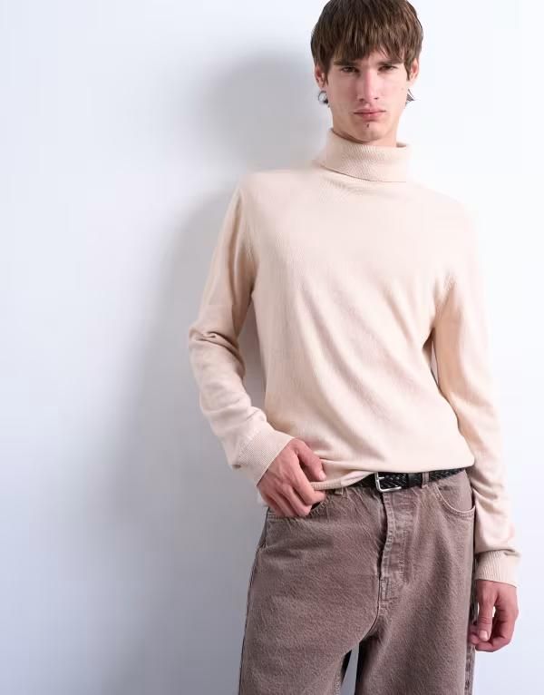 トップマン メンズ アウター ニット・セーター タートルネック ウール セーター Topman essential turtleneck sweater with wool in stone STON