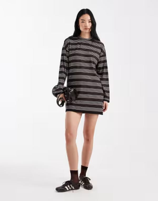 エイソス レディース トップス ワンピース ミニ ASOS DESIGN long sleeve double layer mini dress in chocolate stripe Chocola