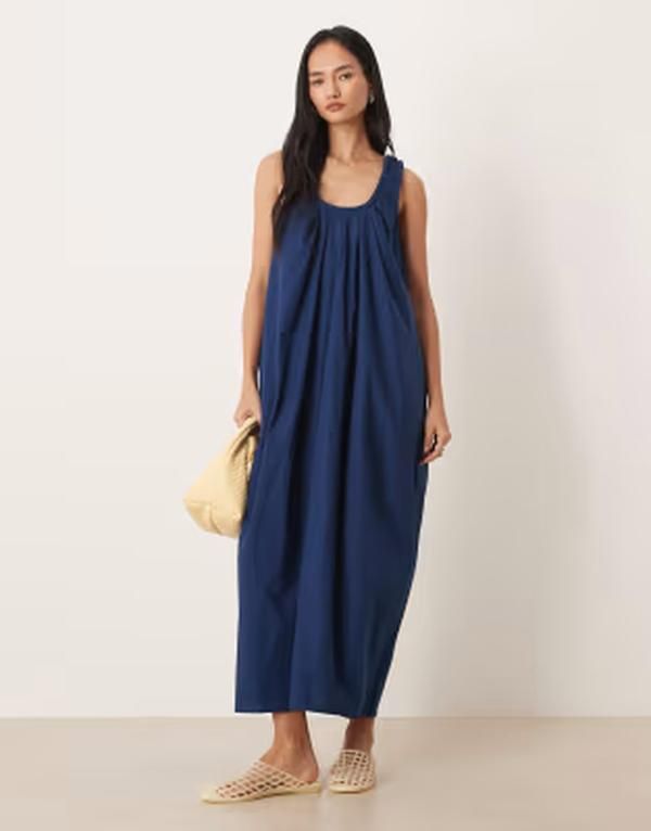エイソス レディース トップス ワンピース ギャザー ASOS DESIGN poplin ruched scoop neck and back midaxi sundress Navy ネイビー