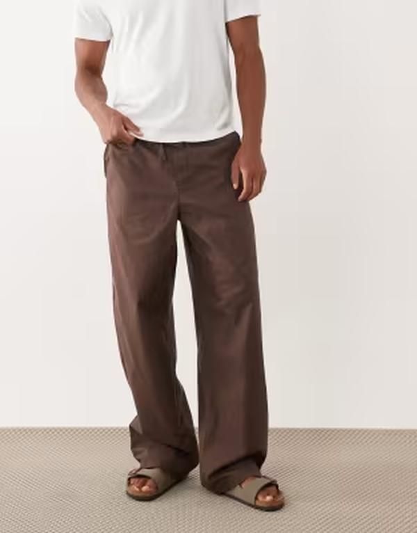 エイソス メンズ ボトムス カジュアルパンツ リネン ASOS DESIGN baggy fit linen blend pants BROWN ブラウン