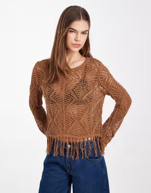 オンリー レディース アウター ニット・セーター フリンジ ONLY boho fringe detailing crochetop Foxtrot ブラウン