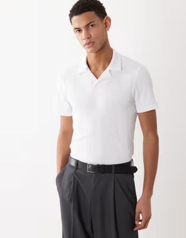 エイソス メンズ トップス ポロシャツ ASOS DESIGN muscle fit camp collar polo smart rib WHITE ホワイト