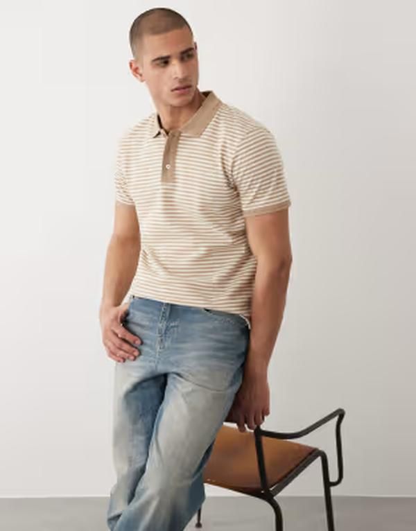 スリードベア メンズ トップス ポロシャツ ニット Threadbare knit short sleeve polo top in stone and ecru stripesTONE ストーン