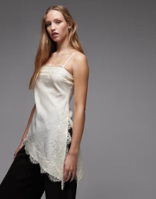 エイソス レディース トップス シャツ アシンメトリー レーストリム レース ASOS DESIGN longline asymmetric lace trim camin oyster