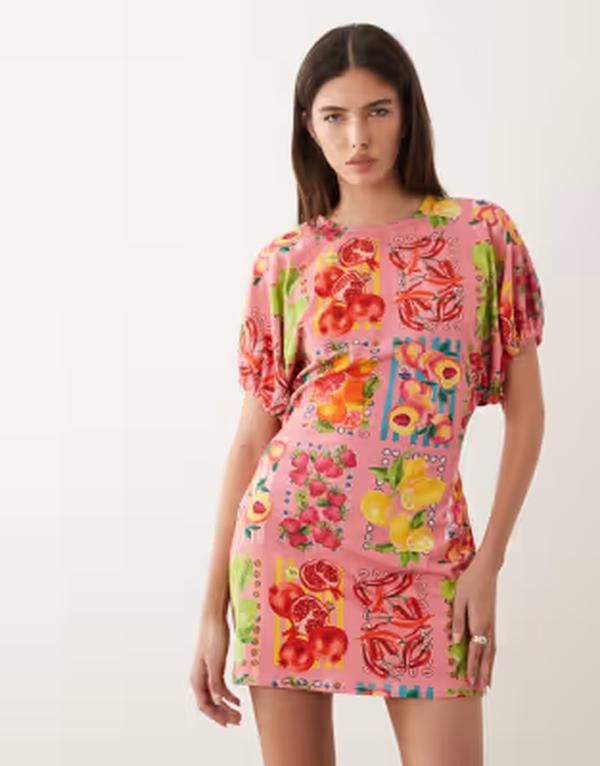 ネバーフリードレスド レディース トップス ワンピース A ライン プリント ミニ Never Fully Dressed short sleeve a line mini dress in frui