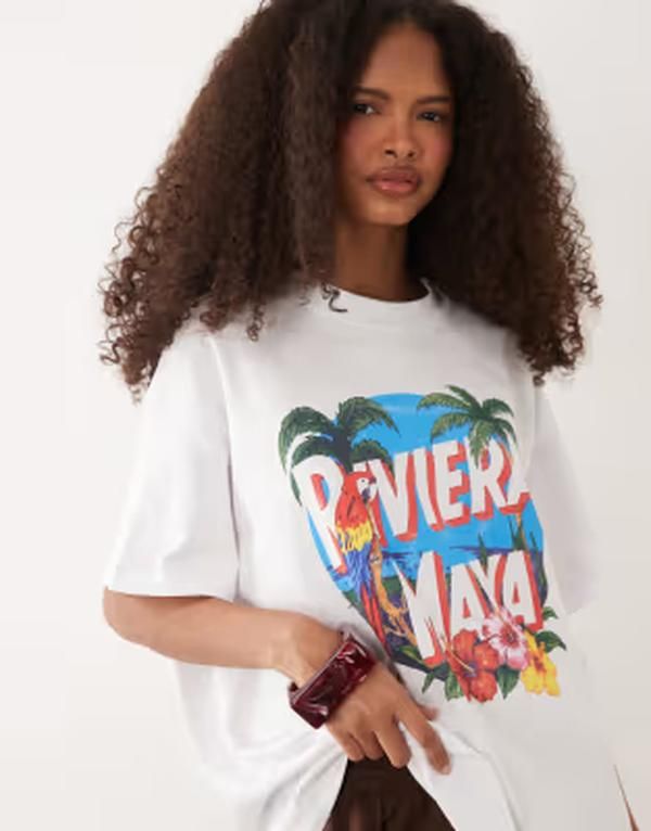 エイソス レディース トップス Tシャツ グラフィック ASOS DESIGN short sleeve oversized Tshirt with Riviera Maya graphic PRIN