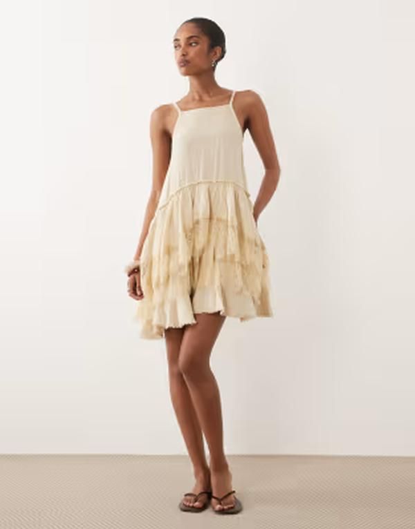 エイソス レディース トップス ワンピース フリル ミニ ASOS DESIGN double cloth washed mini sundress with distressed ruffles i