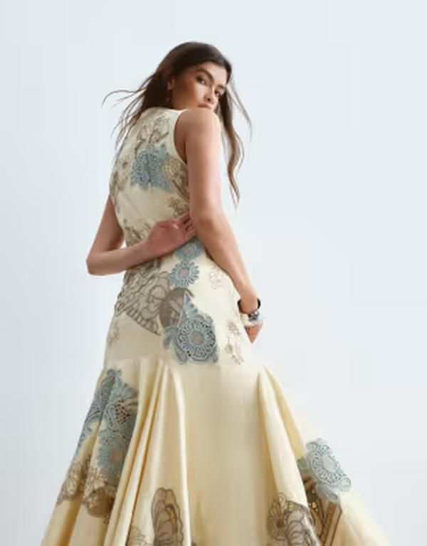 アレンジ レディース トップス ワンピース フラワー柄 刺繍 マキシ フラワー ARRANGE drop waist floral embroide red maxi dress in butterm