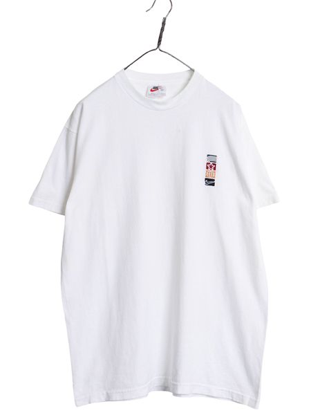 90s USA製 ナイキ ワンポイント 刺繍 Tシャツ メンズ L オールド ヘビーウェイト コットン スウッシュ 星 地球儀 シンプル クルーネック 白