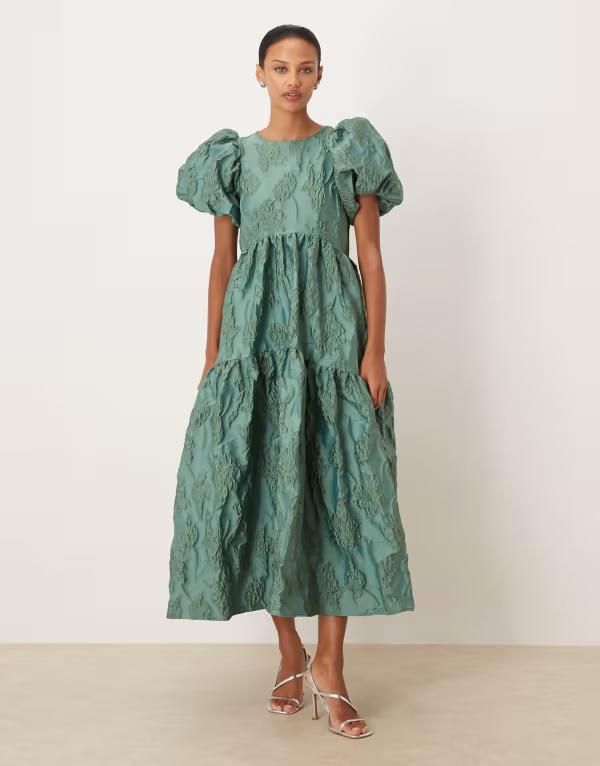 シスタージュン レディース トップス ワンピース ミディ Sister Jane Harmonia jacquard puff sleeve midi dress GREEN グリーン