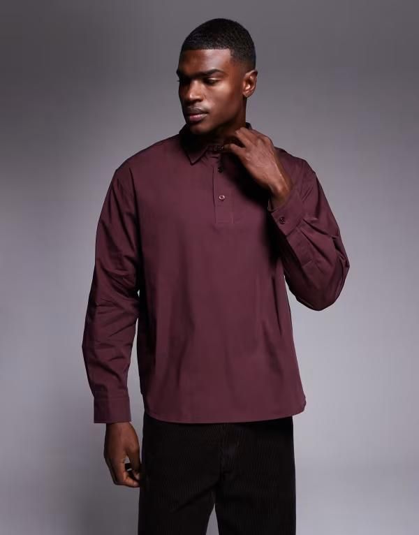 エイソス メンズ トップス シャツ ASOS DESIGN oversized poplin over the head shirt in dark Dark brown ブラウン