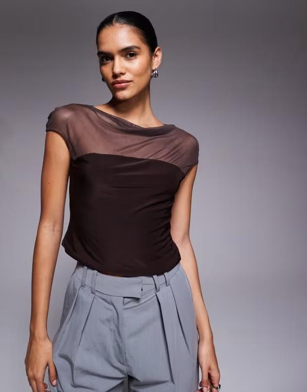 エイソス レディース トップス Tシャツ メッシュ ASOS DESIGN mesh slinky mix slash neck top in chocolate Brown ブラウン 8,986円