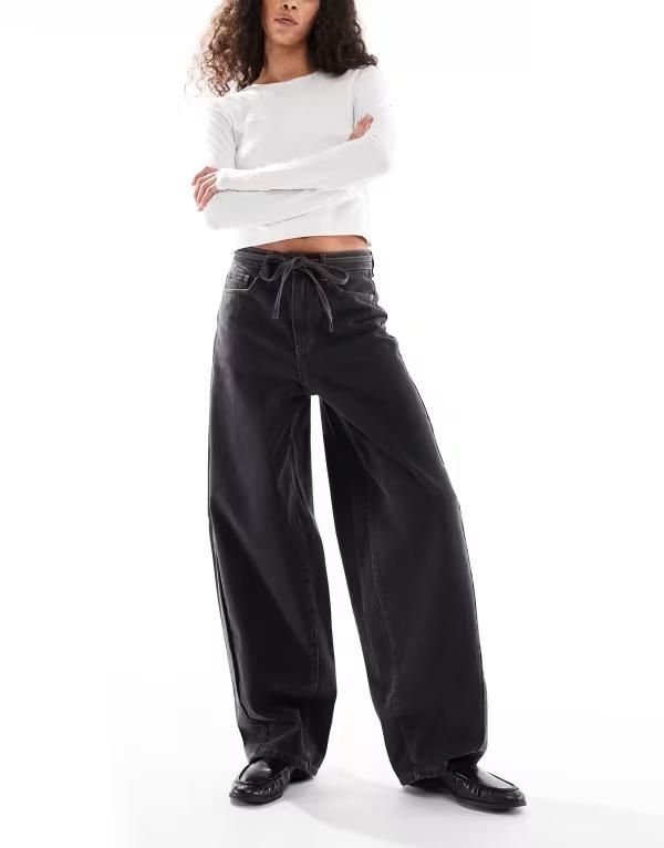 オブジェクト レディース ボトムス デニムパンツ ジーンズ Object premium super barrel leg jeans with tie waist Black Denim ブラック 15,735円