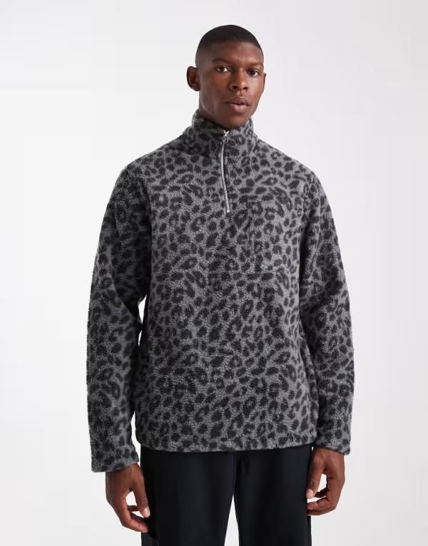 ジャック アンド ジョーンズ メンズ アウター パーカー・スウェット フリース Jack Jones 14 zip fleece in leopard Castor Gray グレー