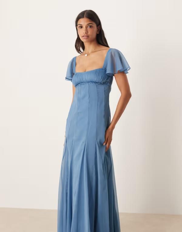 エイソス レディース トップス ワンピース ギャザー ASOS DESIGN ruched bust flutter sleeve midaxi dress with godets in slate