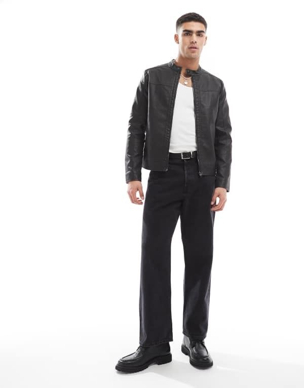 ジャック アンド ジョーンズ メンズ アウター ジャケット・ブルゾン レザー フェイクレザー ジャケット Jack Jones washed black faux leather racer jack